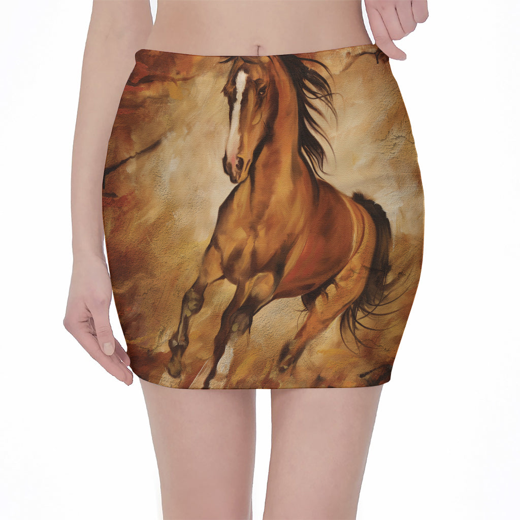 Brown Horse Painting Print Pencil Mini Skirt