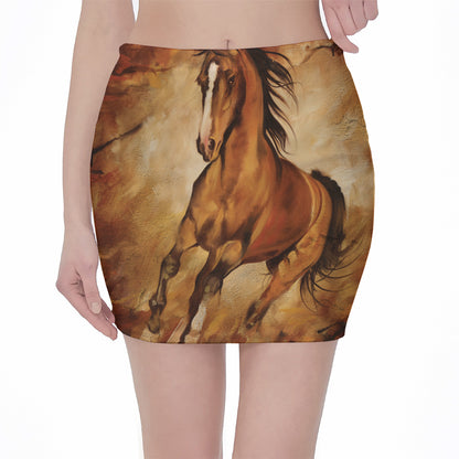 Brown Horse Painting Print Pencil Mini Skirt