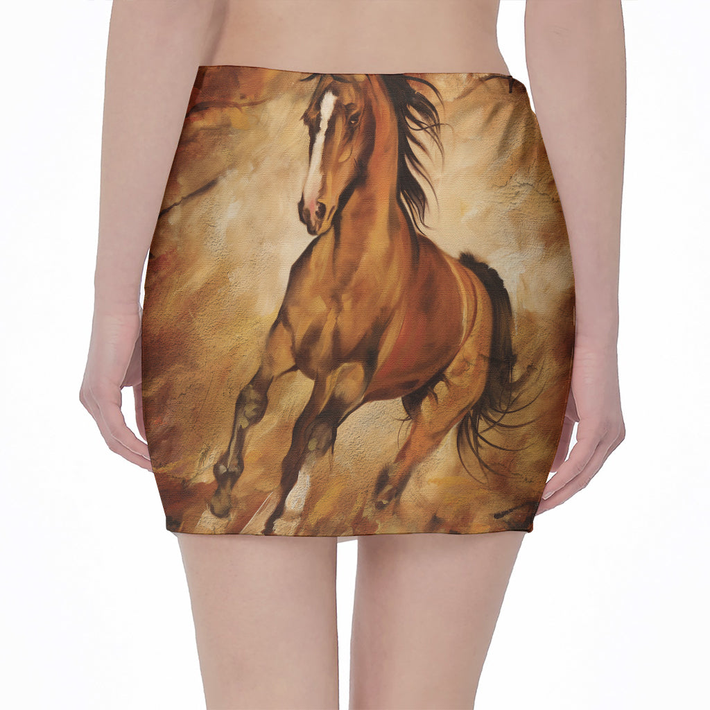 Brown Horse Painting Print Pencil Mini Skirt