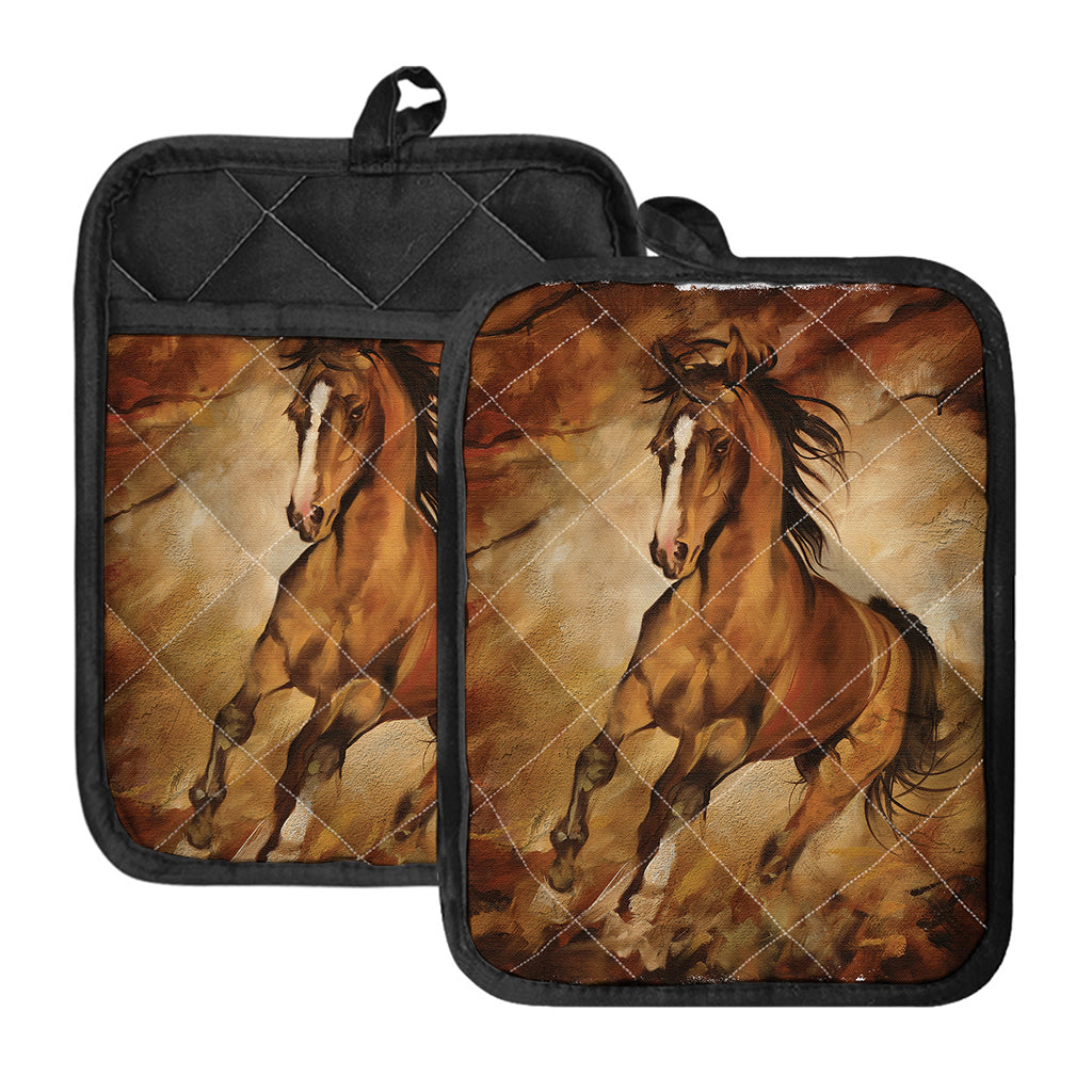 Brown Horse Painting Print Pot Holders With Pocket