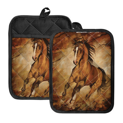 Brown Horse Painting Print Pot Holders With Pocket
