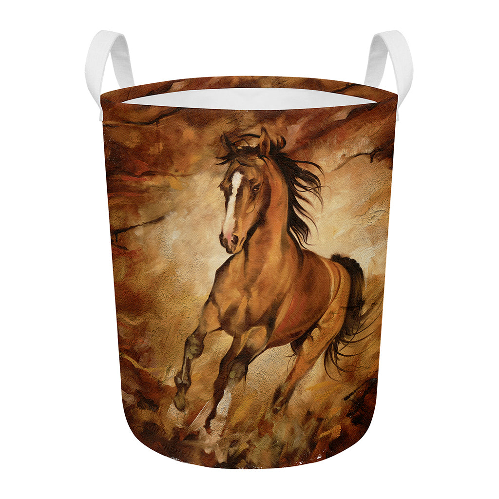 Brown Horse Painting Print Round Laundry Basket