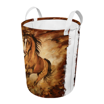 Brown Horse Painting Print Round Laundry Basket