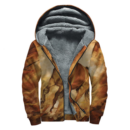 Brown Horse Painting Print Sherpa Lined Zip Up Hoodie