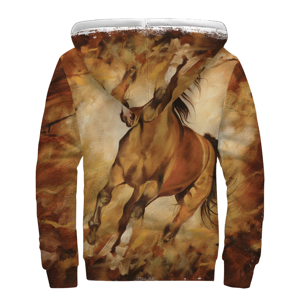 Brown Horse Painting Print Sherpa Lined Zip Up Hoodie