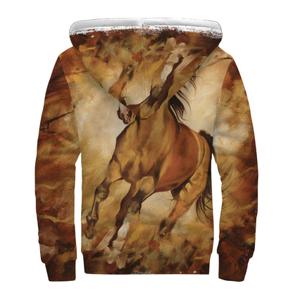 Brown Horse Painting Print Sherpa Lined Zip Up Hoodie