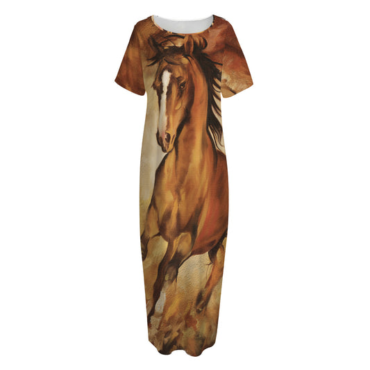 Brown Horse Painting Print Short Sleeve Long Nightdress