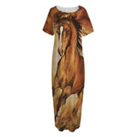 Brown Horse Painting Print Short Sleeve Long Nightdress