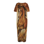 Brown Horse Painting Print Short Sleeve Long Nightdress