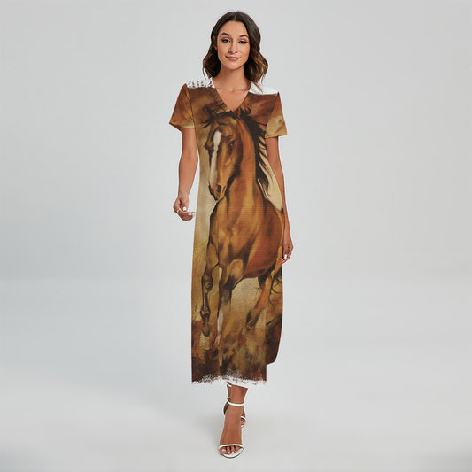 Brown Horse Painting Print Short Sleeve Maxi Dress