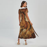 Brown Horse Painting Print Short Sleeve Maxi Dress