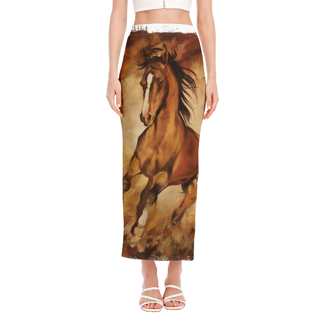 Brown Horse Painting Print Side Slit Maxi Skirt