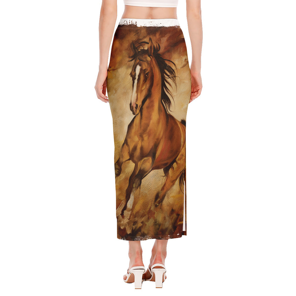 Brown Horse Painting Print Side Slit Maxi Skirt