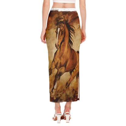 Brown Horse Painting Print Side Slit Maxi Skirt