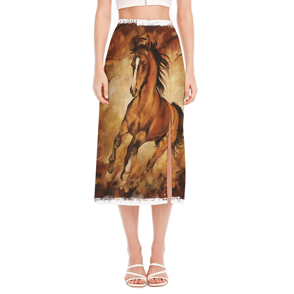 Brown Horse Painting Print Side Slit Midi Skirt