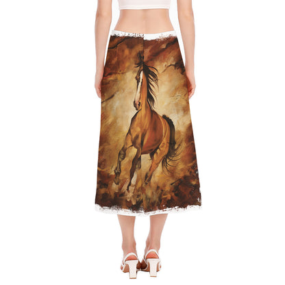 Brown Horse Painting Print Side Slit Midi Skirt