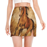 Brown Horse Painting Print Side Slit Mini Skirt