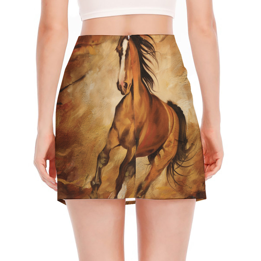 Brown Horse Painting Print Side Slit Mini Skirt