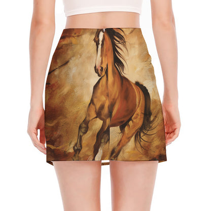 Brown Horse Painting Print Side Slit Mini Skirt