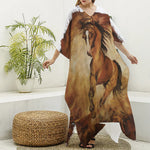 Brown Horse Painting Print Silk V-Neck Kaftan Dress