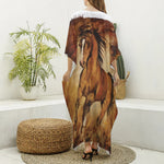 Brown Horse Painting Print Silk V-Neck Kaftan Dress