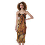 Brown Horse Painting Print Slim Fit Midi Cami Dress