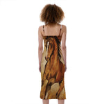 Brown Horse Painting Print Slim Fit Midi Cami Dress