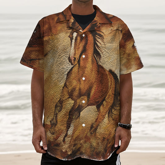 Brown Horse Painting Print Textured Short Sleeve Shirt