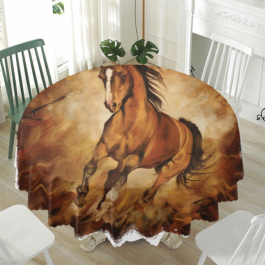 Brown Horse Painting Print Waterproof Round Tablecloth