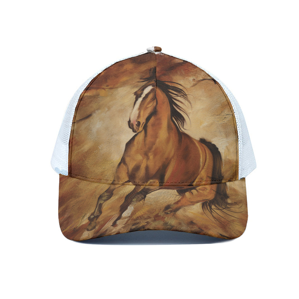 Brown Horse Painting Print White Mesh Trucker Cap
