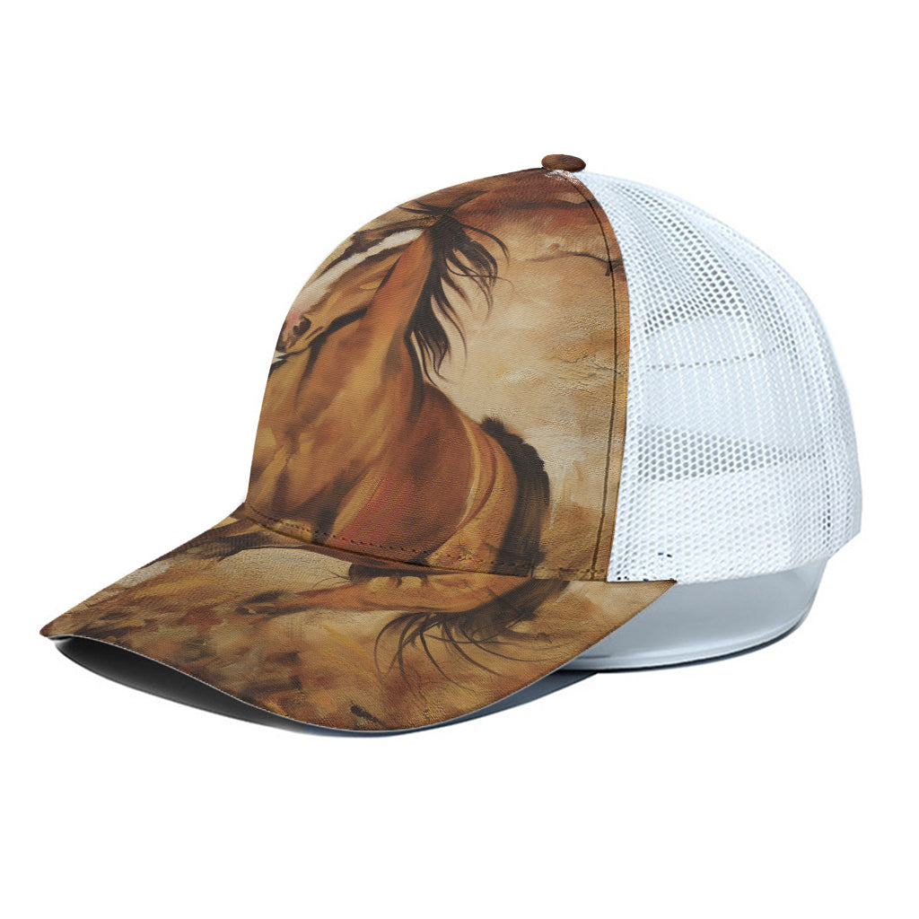 Brown Horse Painting Print White Mesh Trucker Cap