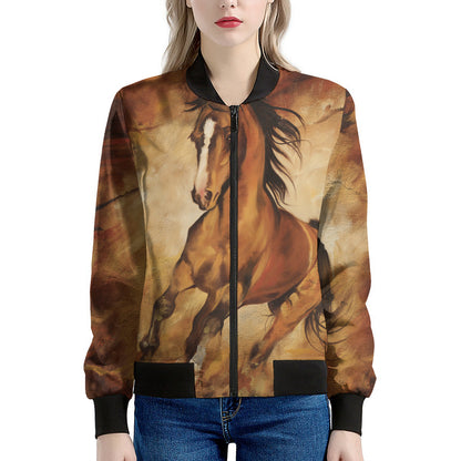Brown Horse Painting Print Women's Bomber Jacket