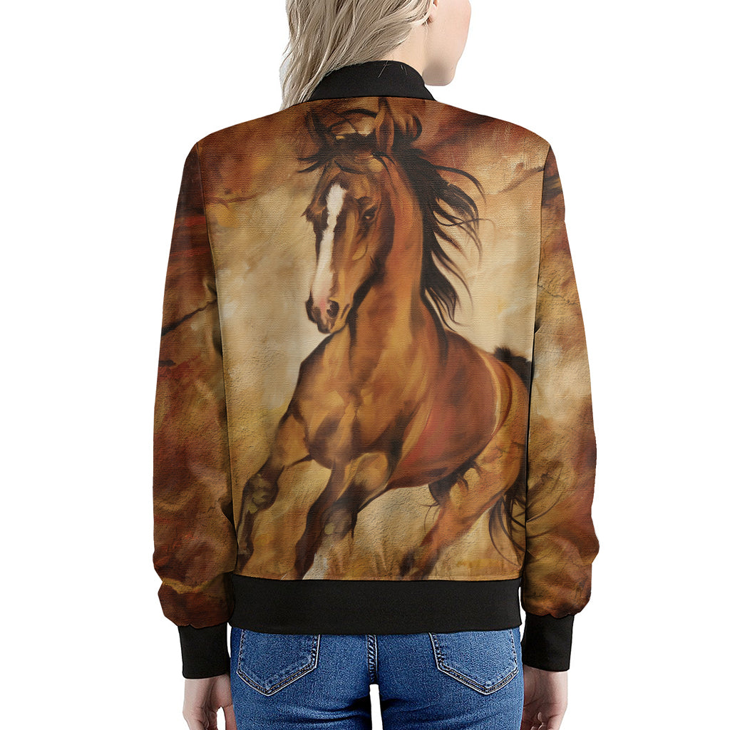 Brown Horse Painting Print Women's Bomber Jacket