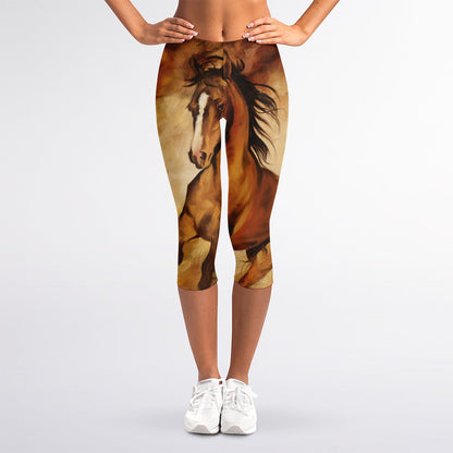 Brown Horse Painting Print Women's Capri Leggings