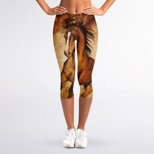 Brown Horse Painting Print Women's Capri Leggings