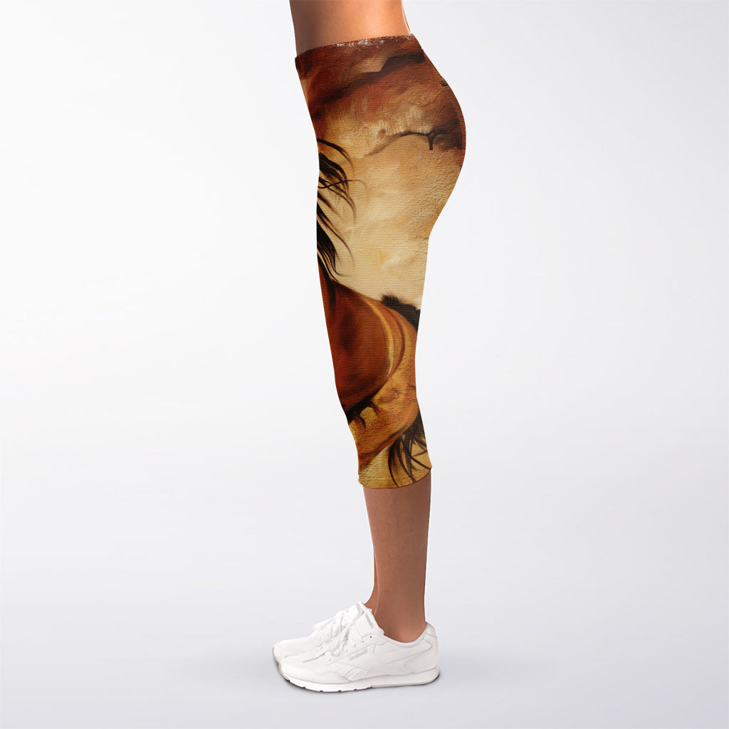 Brown Horse Painting Print Women's Capri Leggings