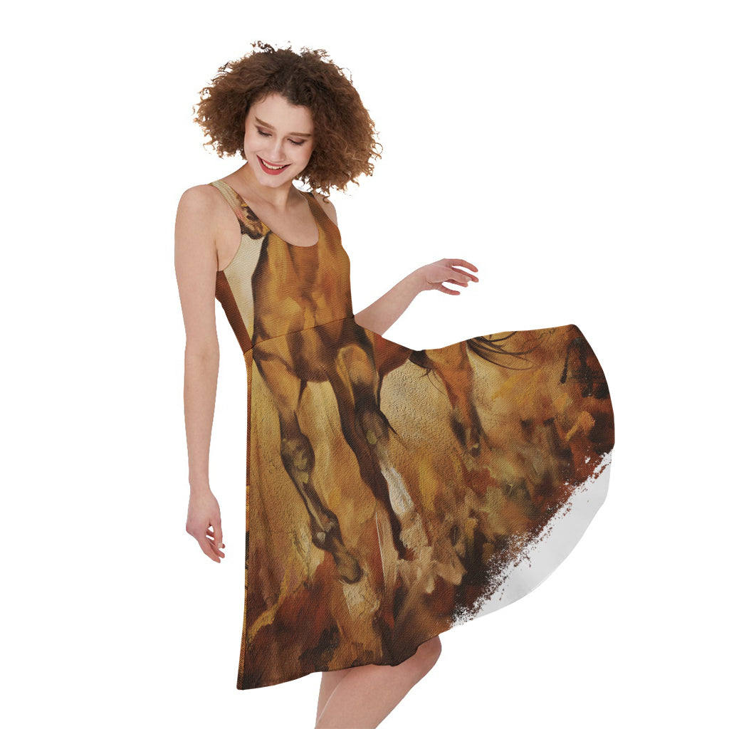 Brown Horse Painting Print Women's Sleeveless Dress