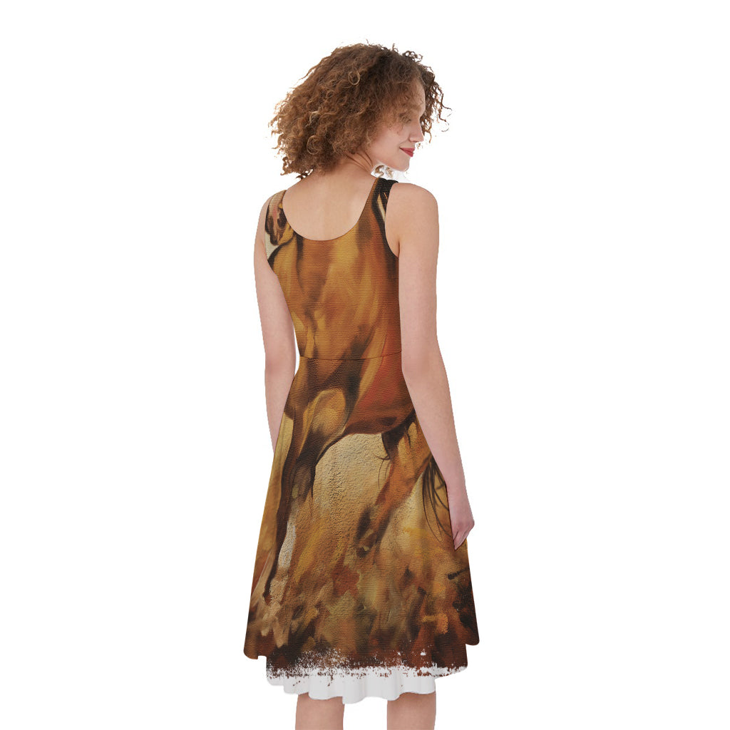 Brown Horse Painting Print Women's Sleeveless Dress