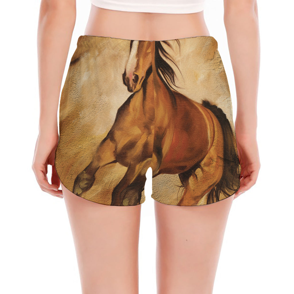 Brown Horse Painting Print Women's Split Running Shorts