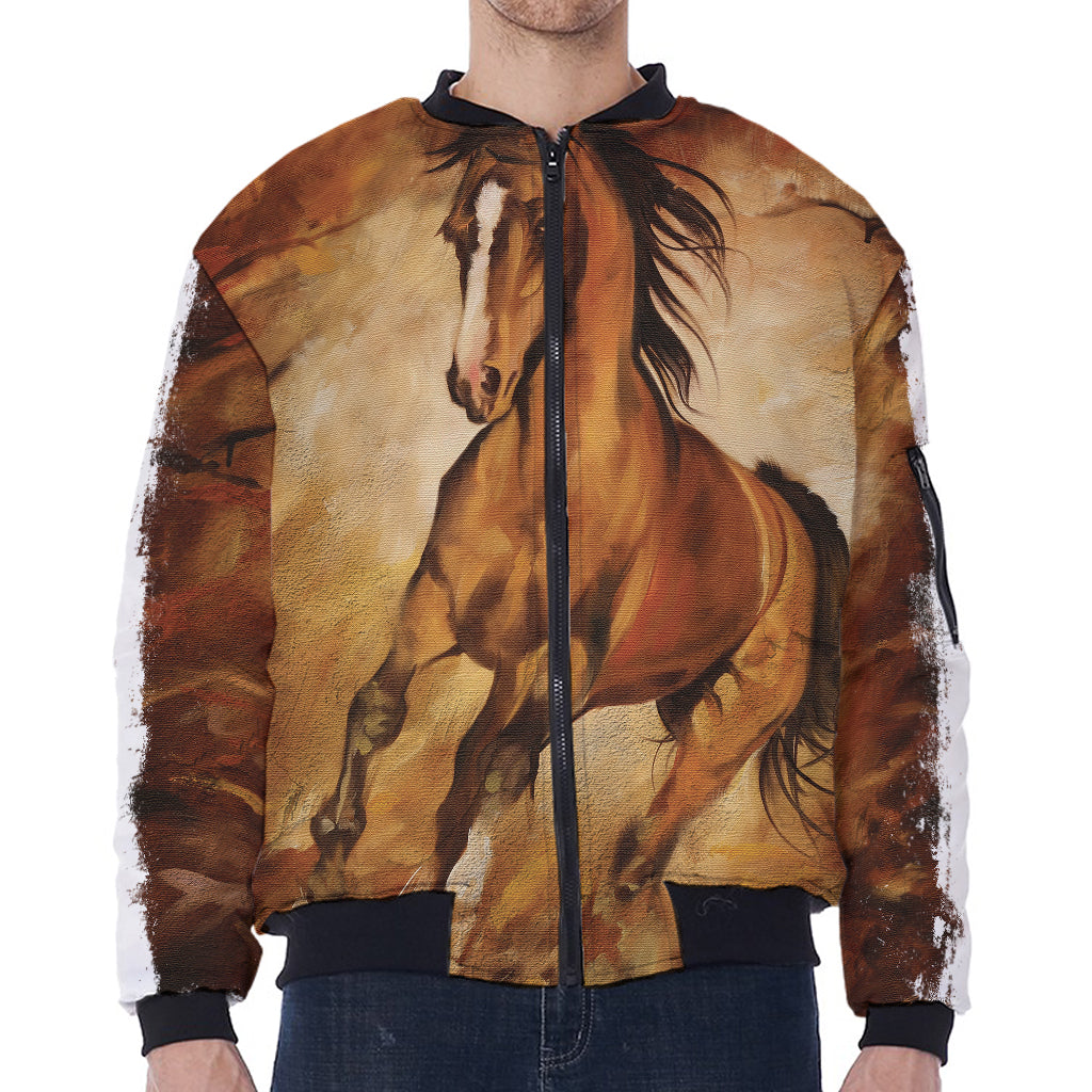 Brown Horse Painting Print Zip Sleeve Bomber Jacket