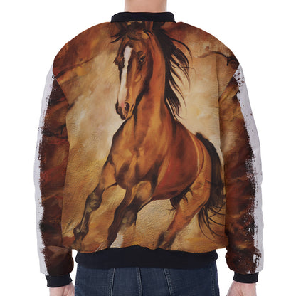 Brown Horse Painting Print Zip Sleeve Bomber Jacket