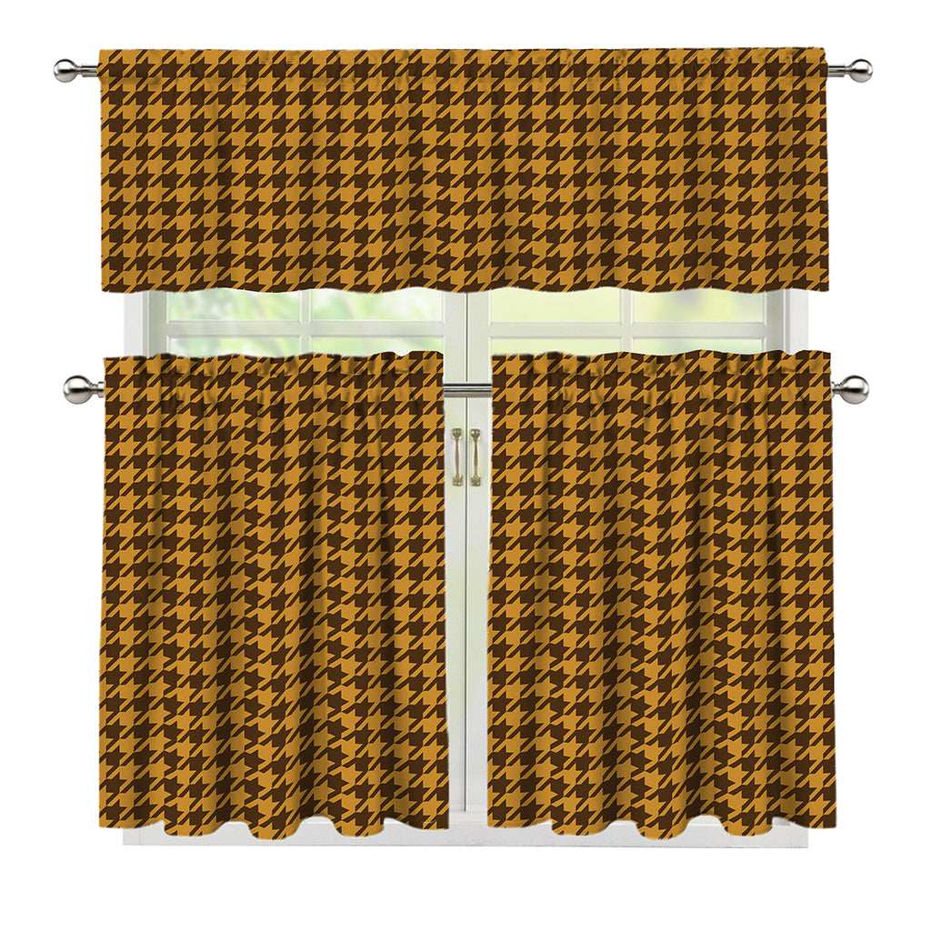 Brown Houndstooth Pattern Print 3 Piece Kitchen Curtains