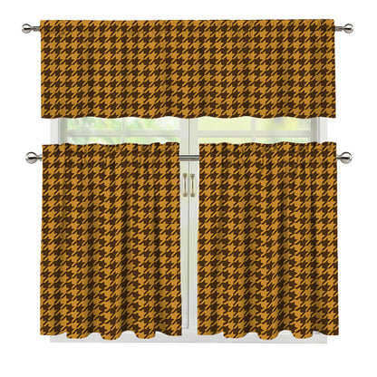 Brown Houndstooth Pattern Print 3 Piece Kitchen Curtains
