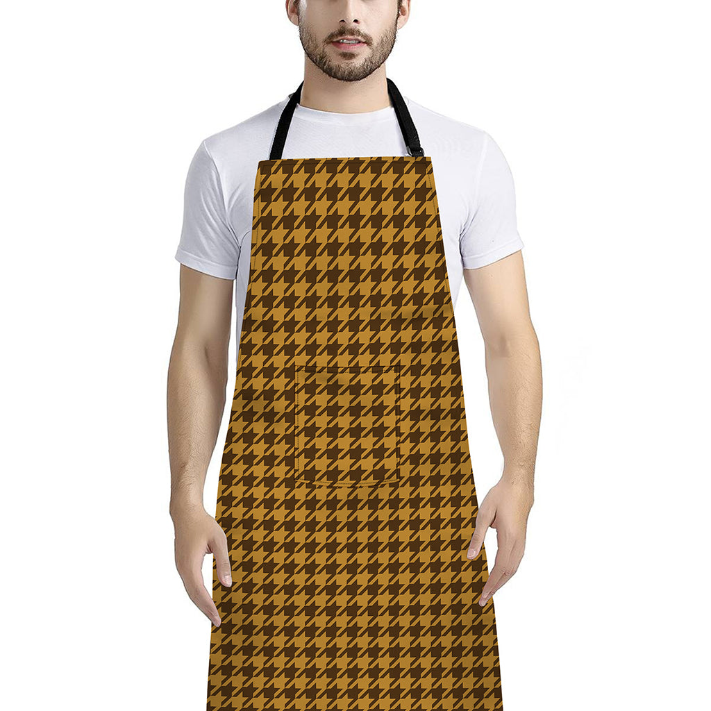 Brown Houndstooth Pattern Print Bib Apron With Pocket