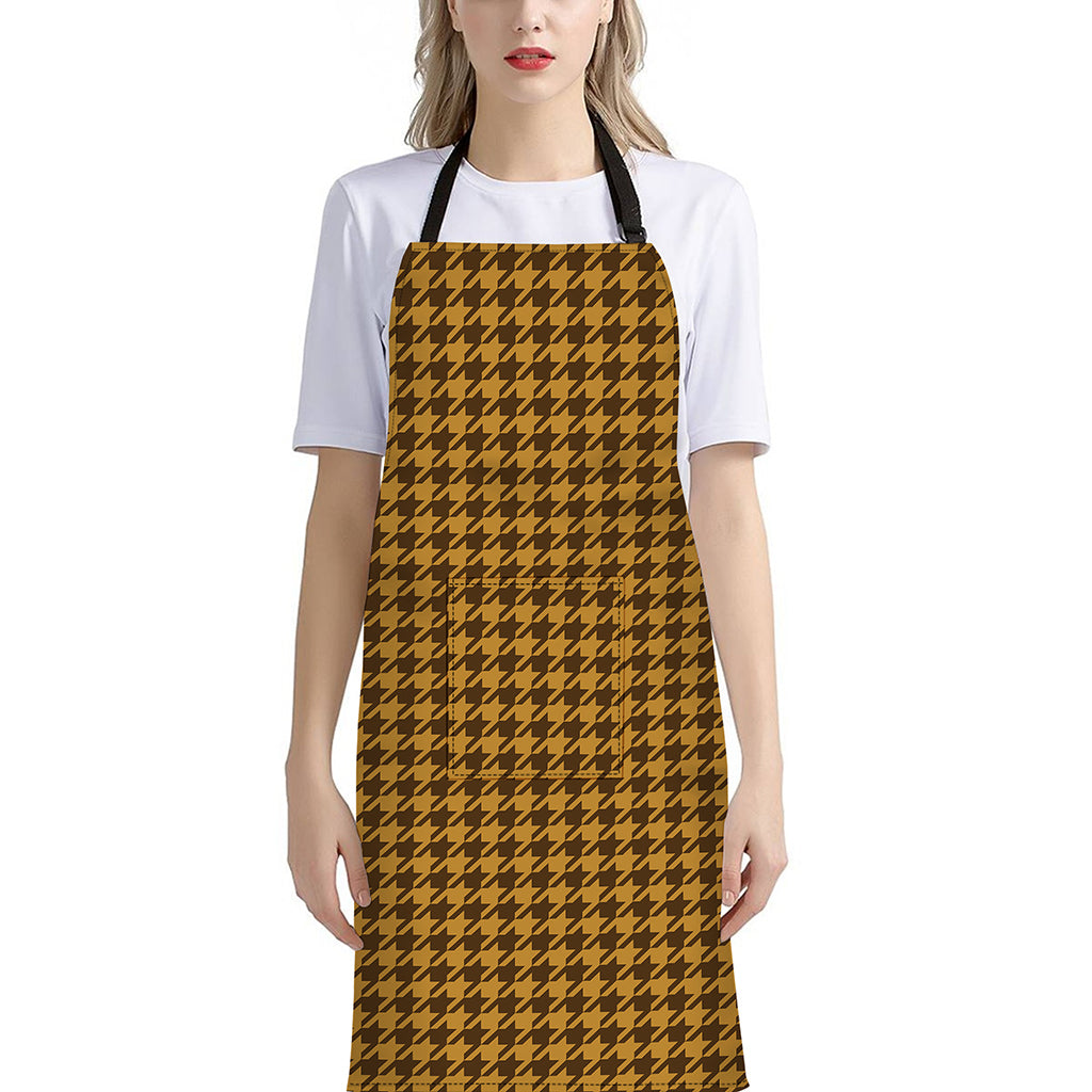 Brown Houndstooth Pattern Print Bib Apron With Pocket
