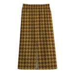 Brown Houndstooth Pattern Print Cotton Front Slit Maxi Skirt