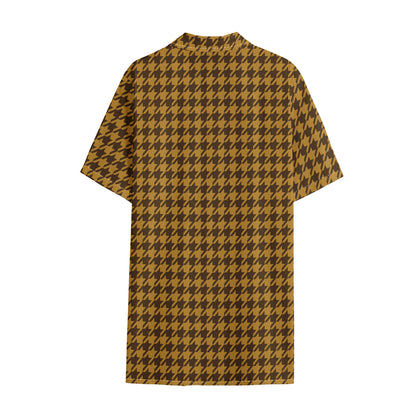 Brown Houndstooth Pattern Print Cotton Hawaiian Shirt