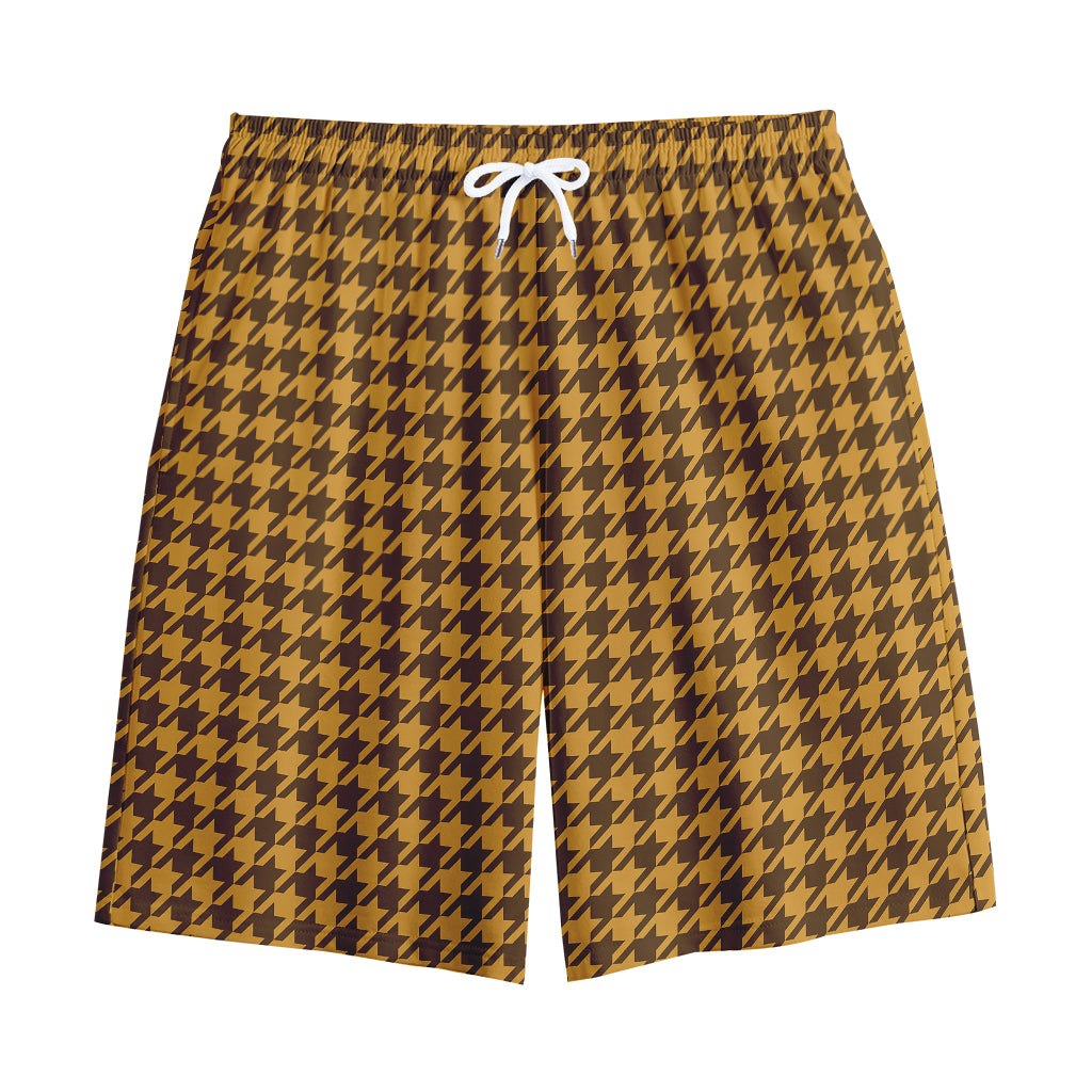 Brown Houndstooth Pattern Print Cotton Shorts