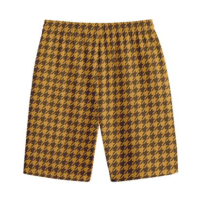 Brown Houndstooth Pattern Print Cotton Shorts