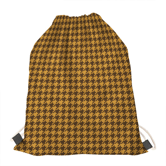Brown Houndstooth Pattern Print Drawstring Bag